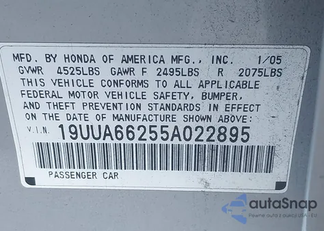 2005 Acura Tl from USA, damaged, VIN 19UUA66255A022895